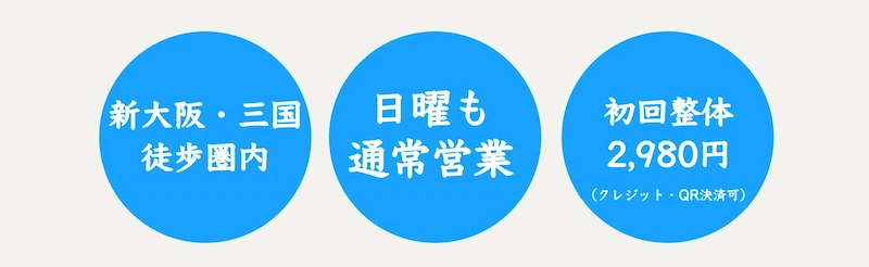 新大阪・三国徒歩圏内 日曜日も通常営業 初回整体2980円