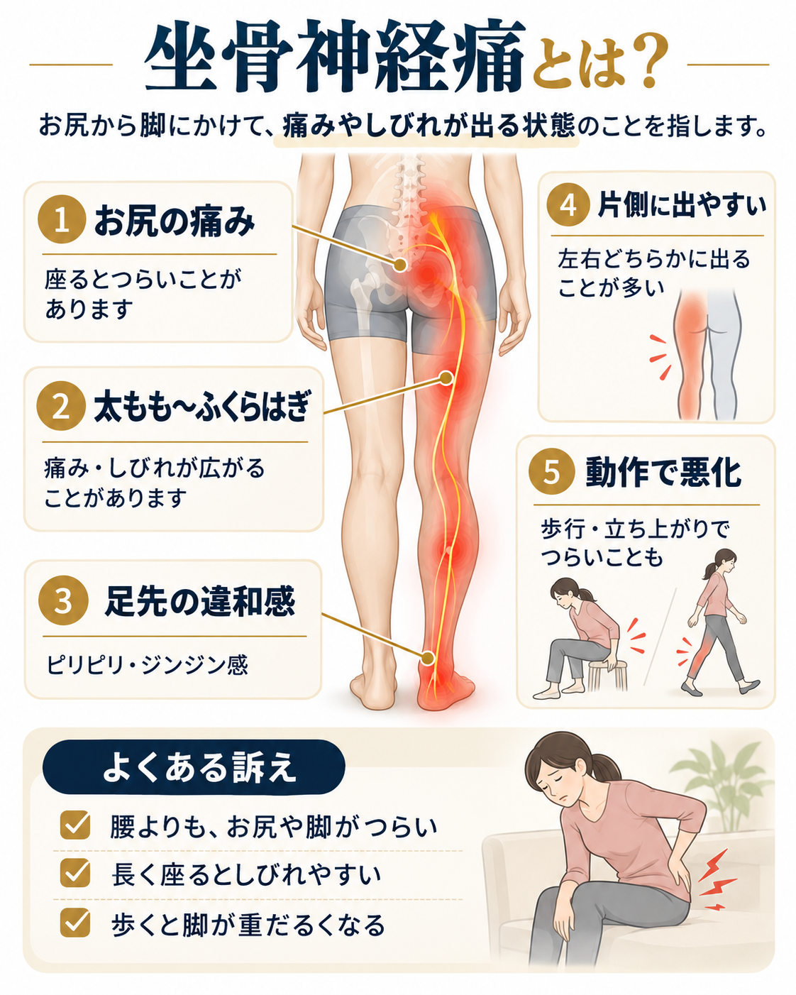 坐骨神経痛でみられることがある、お尻から脚にかけての痛みやしびれを説明した図