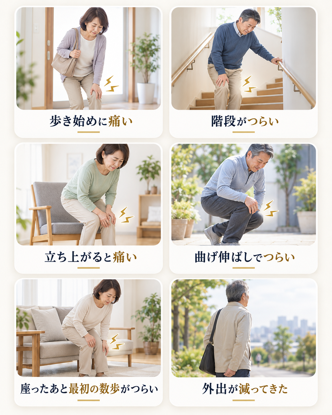 歩き始め、階段、立ち上がり、膝の曲げ伸ばし、座った後の最初の数歩、外出時などで膝のつらさを感じる場面