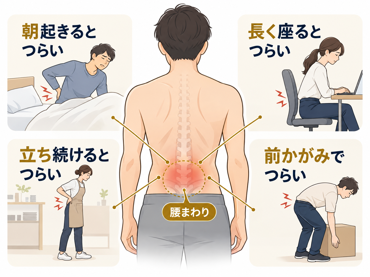 朝起きたとき、長く座ったとき、立ち続けたとき、前かがみになったときに腰がつらくなる場面を示した図