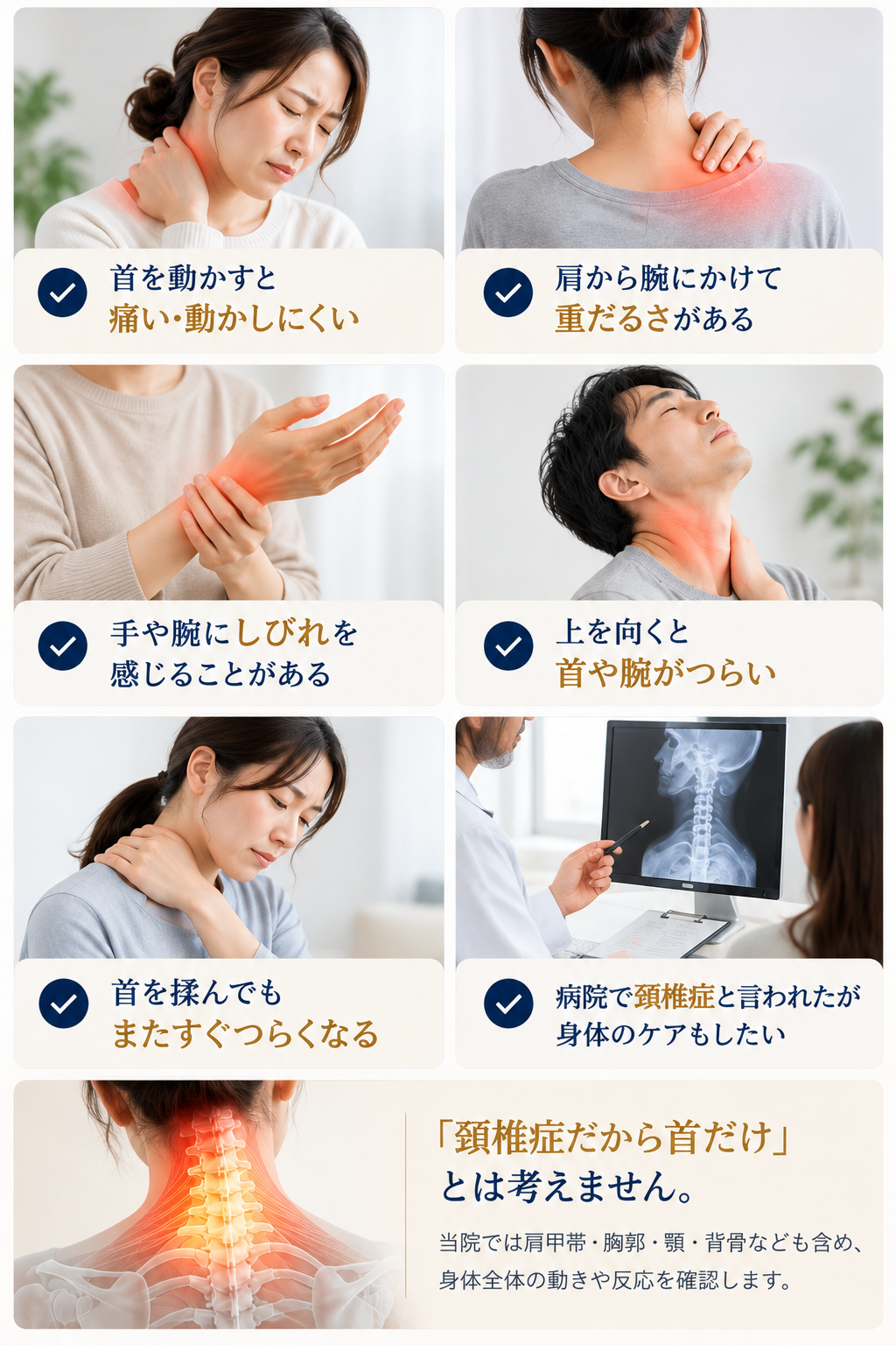 頚椎症でよくみられる首の痛み、肩から腕の重だるさ、手や腕のしびれ、上を向いたときのつらさなどをまとめたチェック画像