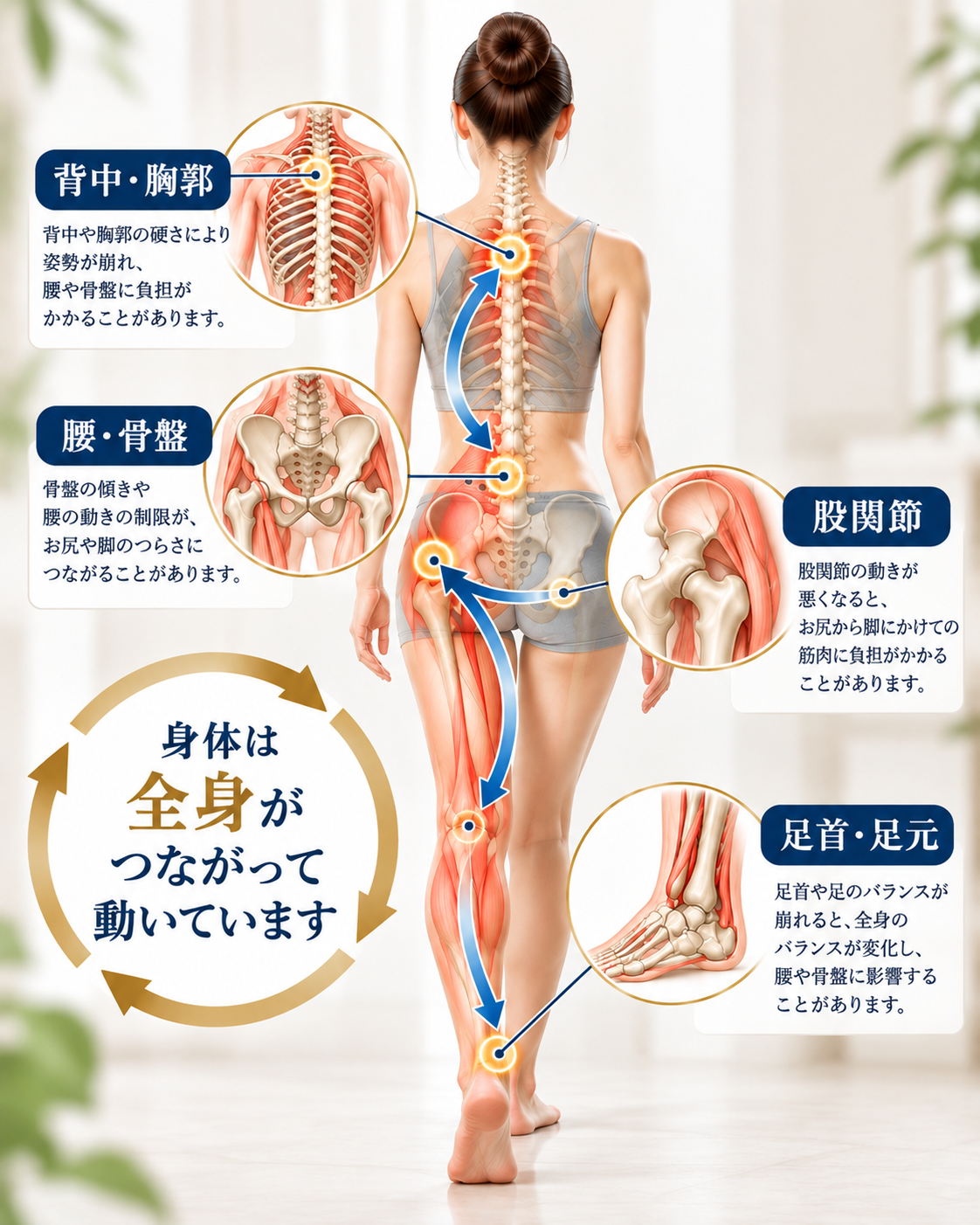 背中・胸郭、腰・骨盤、股関節、足首・足元など身体のつながりを説明した図