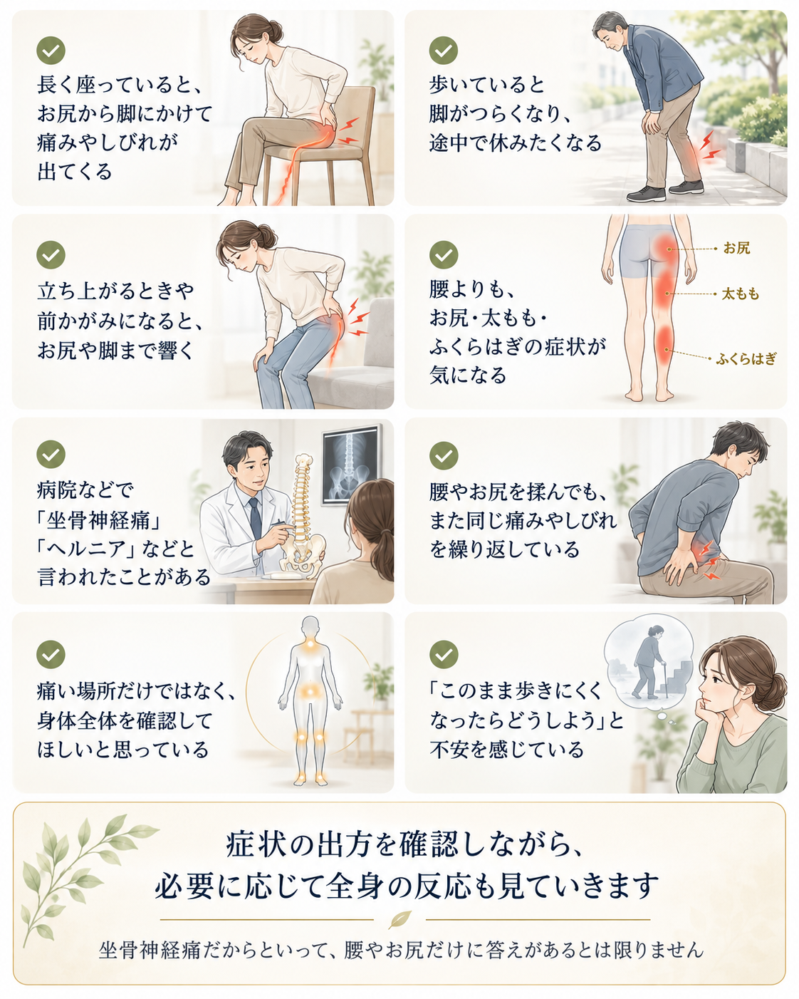 長く座るとお尻から脚にかけて痛みやしびれが出る、歩くと脚がつらい、立ち上がりや前かがみで響く、腰より脚の症状が気になる、病院で坐骨神経痛やヘルニアと言われたことがある、同じ症状を繰り返しているなどの坐骨神経痛チェック