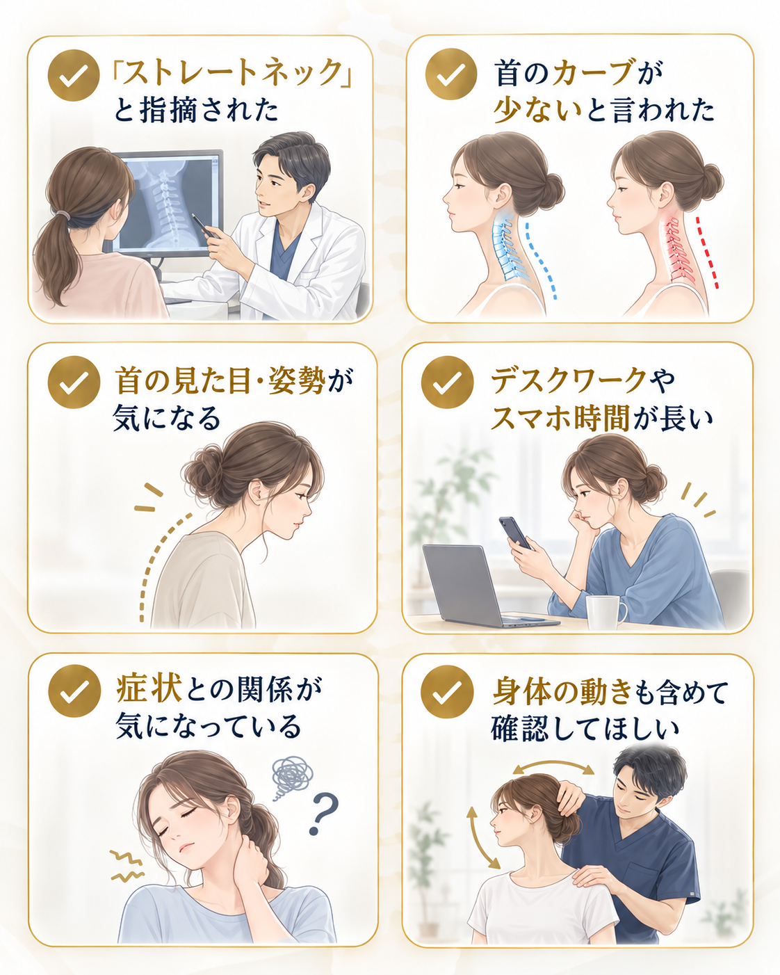 ストレートネックと指摘された、首のカーブが少ないと言われた、首の見た目や姿勢が気になる、デスクワークやスマホ時間が長い、症状との関係が気になる、身体の動きも含めて確認してほしいなどのお悩み