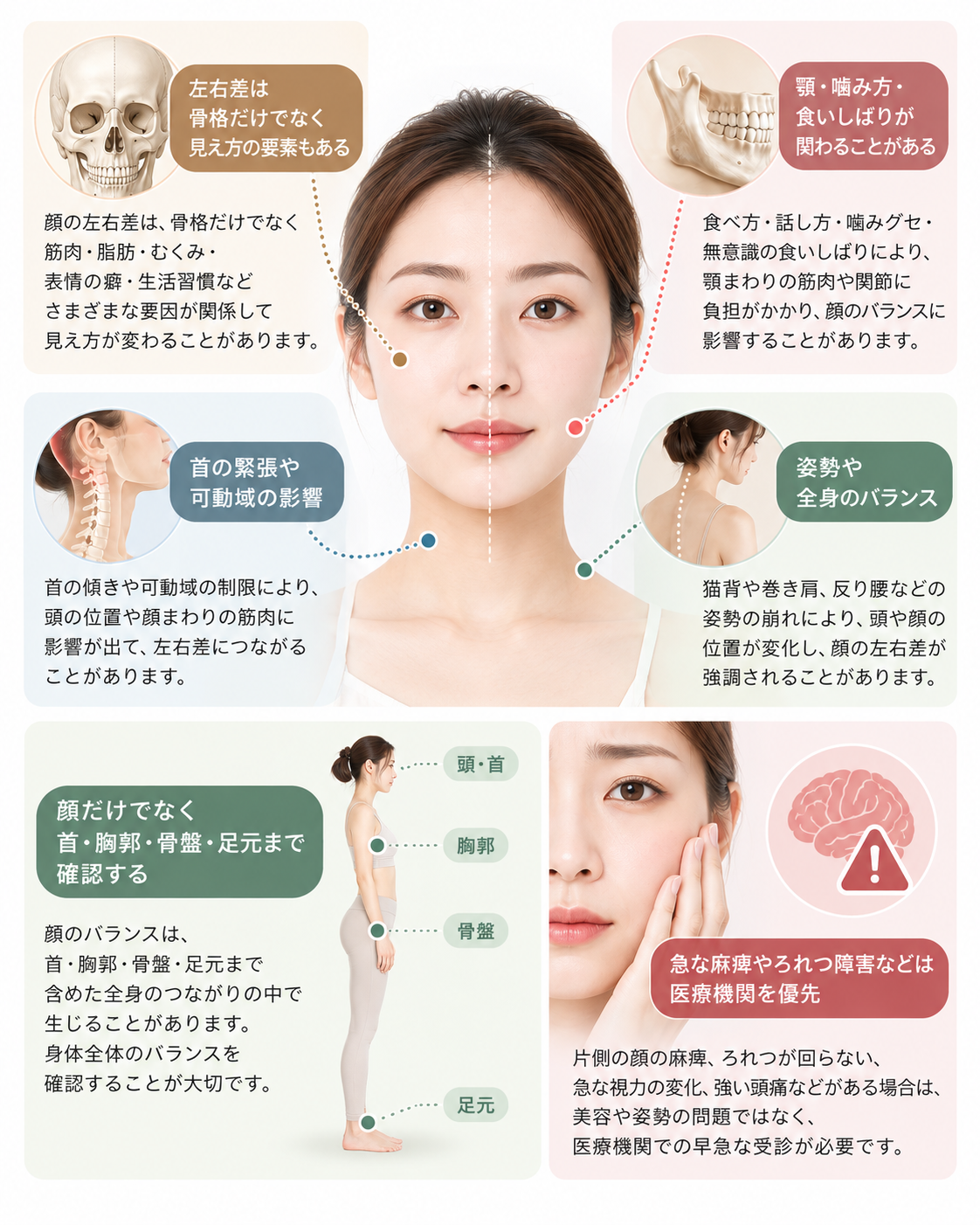 顔の左右差について、顎や噛み方、食いしばり、首、姿勢、身体全体のバランスなど複数の視点から整理した図