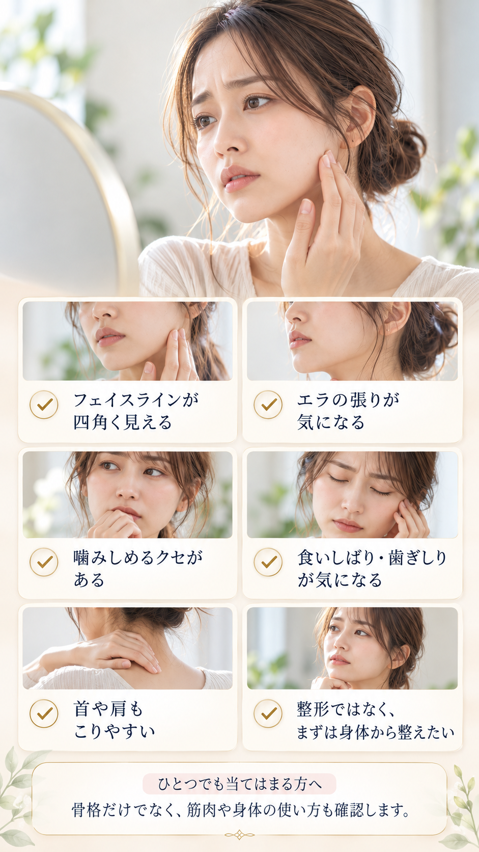 エラ張りやフェイスライン、噛みしめ、食いしばり、首肩のこりなどを確認するチェック画像