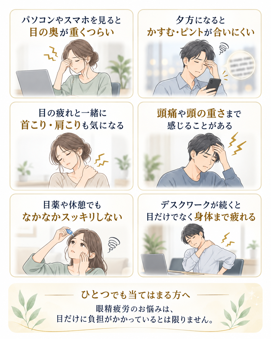 パソコンやスマホで目の奥が重い、夕方にかすむ・ピントが合いにくい、首こりや肩こり、頭痛や頭の重さ、目薬や休憩でもすっきりしない、デスクワークで身体まで疲れるなど眼精疲労のお悩み