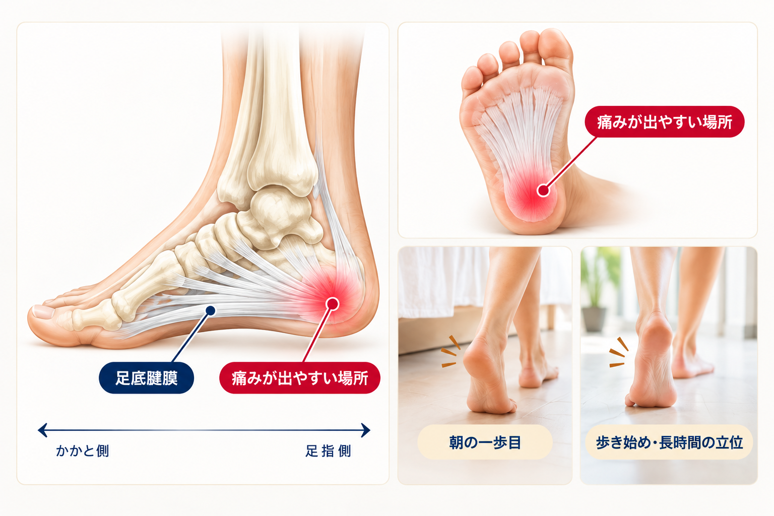 足底腱膜の位置とかかと付近の痛みが出やすい場所、朝の一歩目や歩き始めの足裏の痛みを示した図