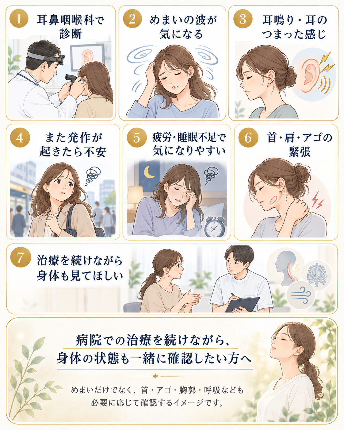 メニエール病と診断されている、薬を飲みながら治療しているがめまいの波が気になる、耳鳴りや耳のつまった感じがある、また発作が起きたらと不安がある、疲労や睡眠不足で症状が気になりやすい、身体の状態も確認したいといったお悩み