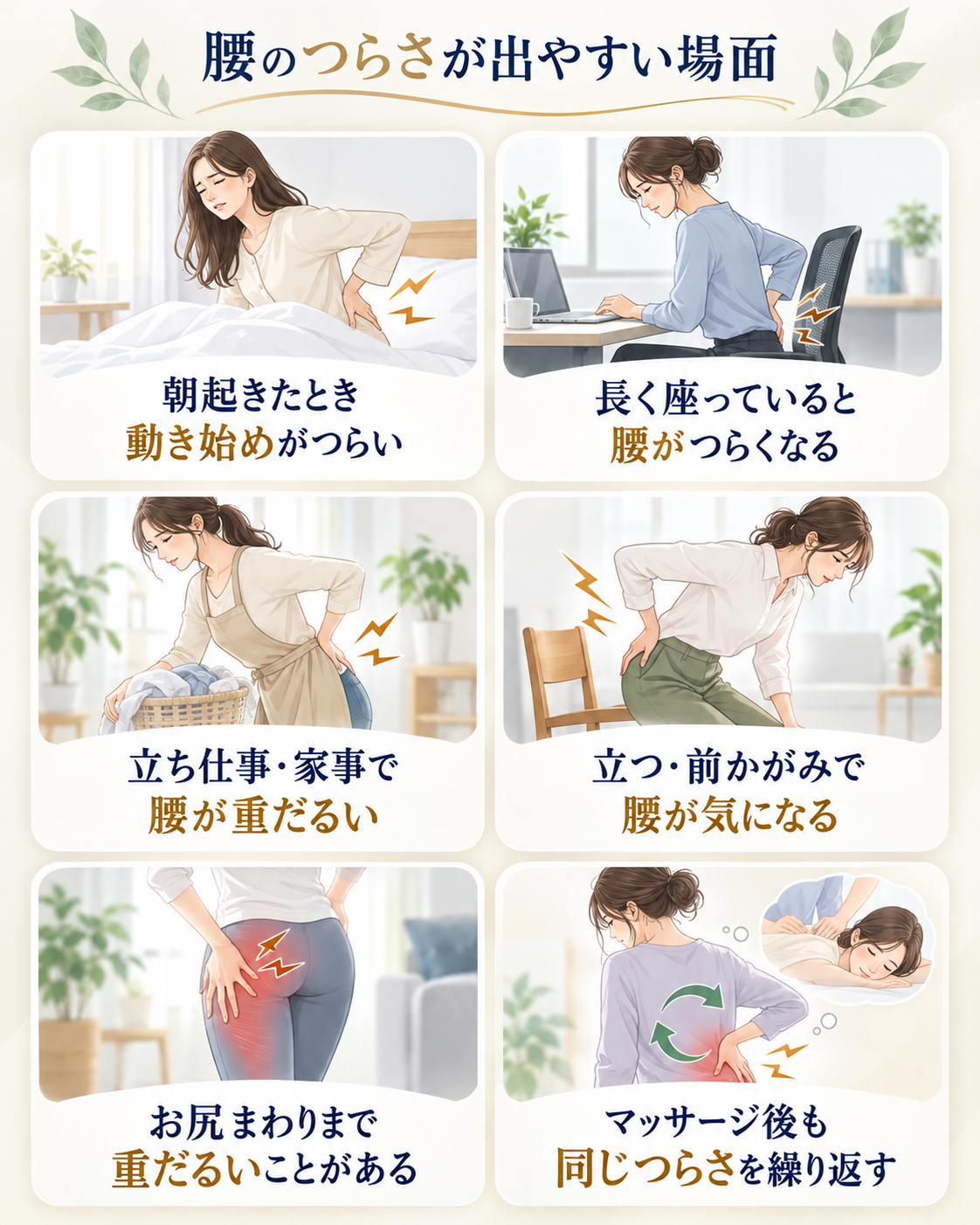 朝起きたときの腰の重さ、長時間座るとつらい、立ち仕事や家事で腰が重だるい、立つ・前かがみで気になる、お尻まわりまで重だるい、同じ腰痛を繰り返しているなど腰のつらさのチェック項目