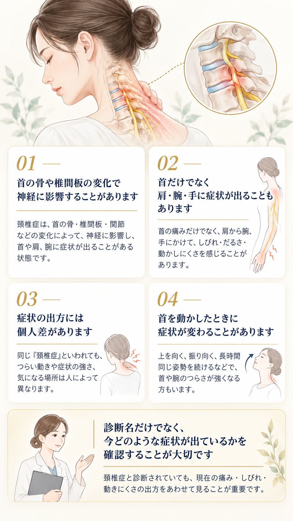 頚椎症について、首の骨や椎間板と神経の関係、首から肩・腕・手に症状が出ること、症状の出方には個人差があることを説明した図